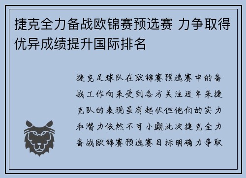 捷克全力备战欧锦赛预选赛 力争取得优异成绩提升国际排名