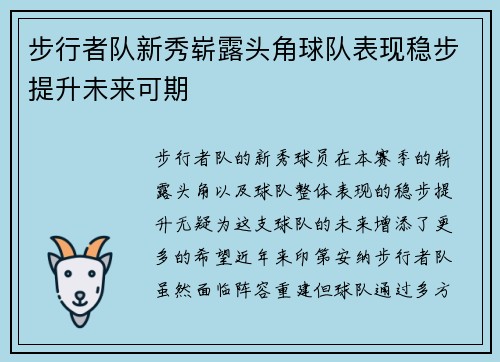 步行者队新秀崭露头角球队表现稳步提升未来可期