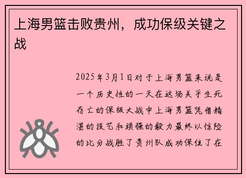 上海男篮击败贵州，成功保级关键之战
