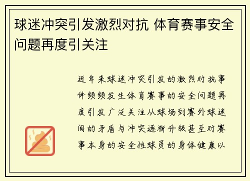 球迷冲突引发激烈对抗 体育赛事安全问题再度引关注