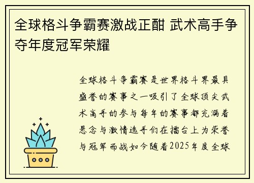 全球格斗争霸赛激战正酣 武术高手争夺年度冠军荣耀
